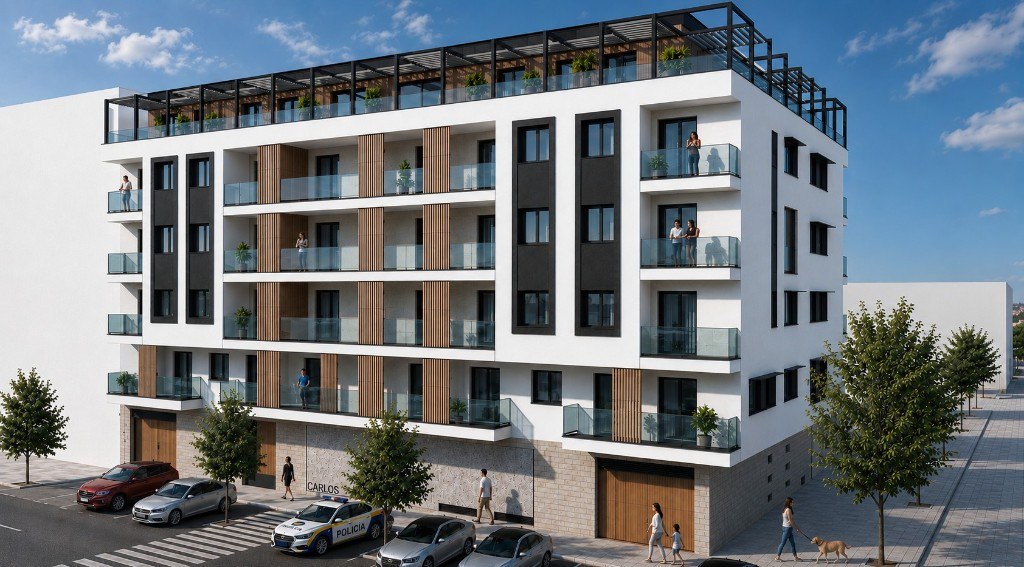 Axonometría de edificio residencial con fachada, terrazas y locales